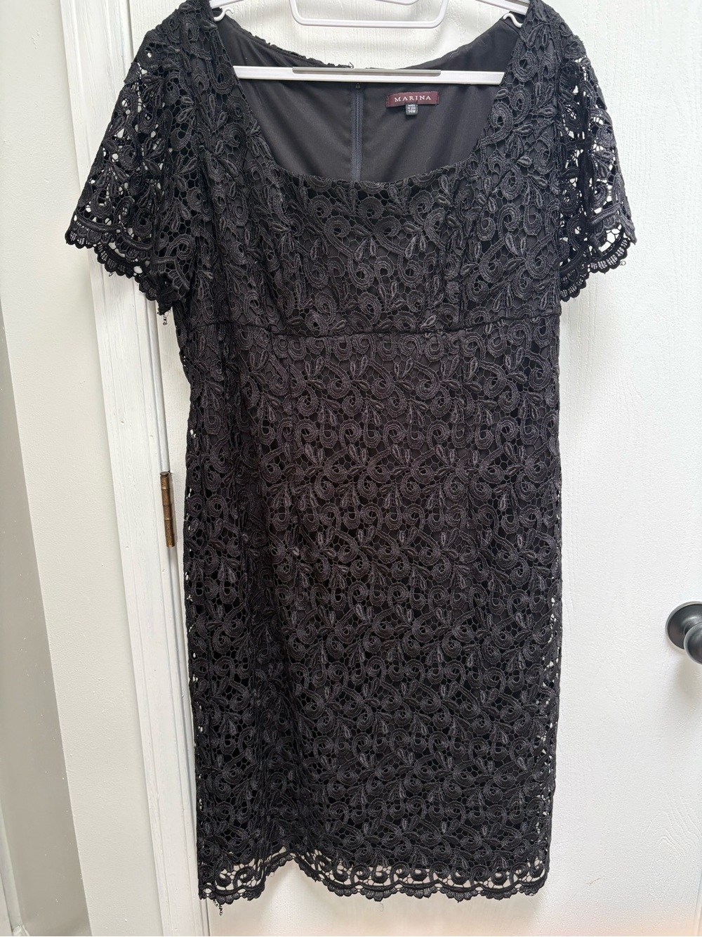 MARINA Black Lace Midi Dress with Scalloped Hem